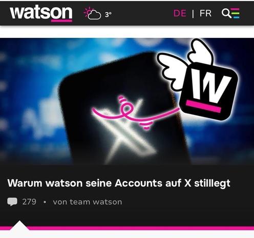 Screenshot: Das Schweizer Medienportal watson.ch legt seine X Accounts still