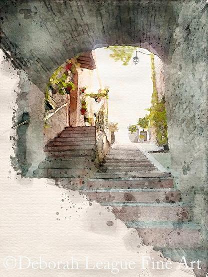 Pretty passageway in Assisi, Italy. The medieval village rests on a hill, and stairways constructed of local stone, built to connect the various levels of the town, are a common site. Around each corner, a new gem, decorated with colorful potted and hanging plants, waits to enchant the visitor and provide a respite from the sun.

This Image is one of a five-part series.  See all the images in my Etsy shop.