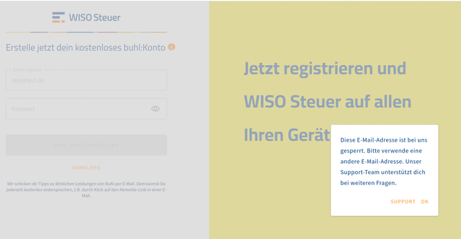 Website zur Registrierung eines Accounts bei der Firma Buhl, die Wiso Steuer vertreibt, mit einer Meldung, dass die gewählte Emailadresse in ihrem System gesperrt ist.