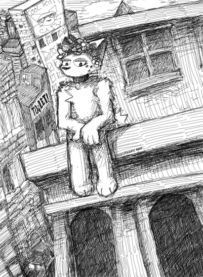 art of a fuzzy anthro cat sitting up high on a ledge in a city with multiple high rise buildings in the background.
the drawing is monochrome. it is constructed with black lines on a white background, using free, messy cross-hatching to encode values