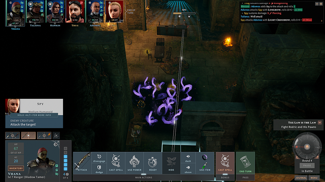 A screenshot from Solasta: Crown of the Magister
A choke point has been made in a sewer area, with Black Tentacles in a patch blocking the path. Some loot bags indicate thugs already killed in the patch, and the remaining thugs are unable to do anything except get shot or run into the death trap.