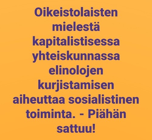 Meemiteksti oranssilla pohjalla | Oikeistolaisten mielestä kapitalistisessa yhteiskunnassa elinolojen kurjistamisen aiheuttaa sosialistinen toiminta. - Piähän sattuu!