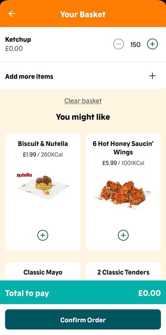 Screenshot of an "Order Basket" in the Popeye's UK App 

The basket contains 150 sachets of Heinz Ketchup, costing £0.00 each, for all order subtotal of £0.00