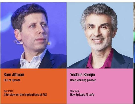 Screenshot showing Sam Altman accompanied by "Interview on the implications of AGI" and Yoshua Bengio accompanied by "HOw to keep AI safe."