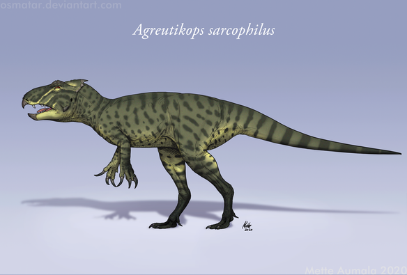 A mossy green bipedal dinosaur with a mottled pattern against a gradient background. It has long sharp claws on its forelimbs and its legs are slender and muscular. While it resembles a theropod  the sharp beak at the tip of its jaws, protruding jugals and a tiny frill   reveal its ceratopsian ancestry.