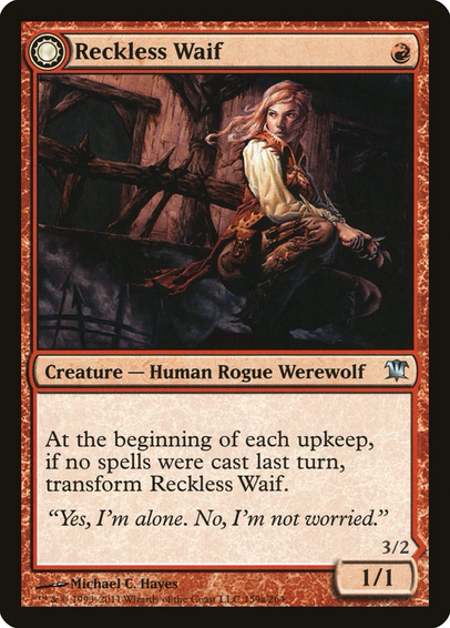 Image of Magic: the Gathering card Reckless Waif {R} Creature — Human Rogue Werewolf. At the beginning of each upkeep, if no spells were cast last turn, transform Reckless Waif.