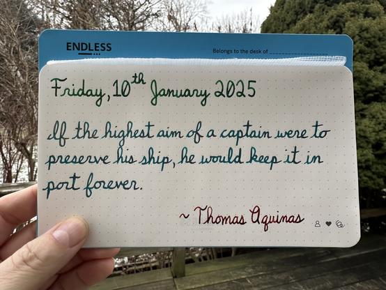 A pen quote of Thomas Aquinas that reads, “If the highest aim of a captain were to preserve his ship, he would keep it in port forever.”

Written in Pelikan Edelstein Adventurine, Jacques Herbin Emerauld de Chivor & Dominant Industry Ginger Chicken.