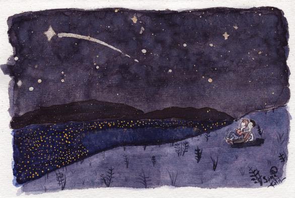 Watercolour sketch of two little guys on the lookout at Mount Victoria in Wellington, overlooking the lights of the city and the waterfront below, and the hills in the distance, while a night sky filled with stars twinkles above. They are watching a shooting star fly through the sky.