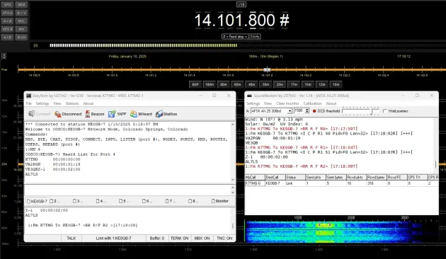 Screen capture of Ham Radio Deluxe and UZ7HO Soundmodem / EasyTerm running over a Bluetooth connection.