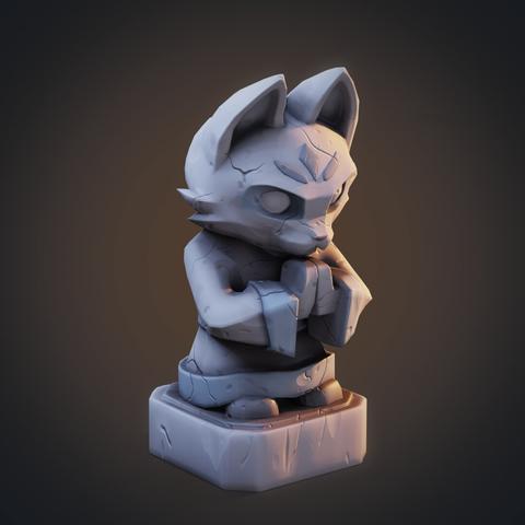 A low-poly statue of a stylized character - a cat wearing a monk's robe, posed with his hands together as if in prayer. The statue is grey and has some cracks on it.