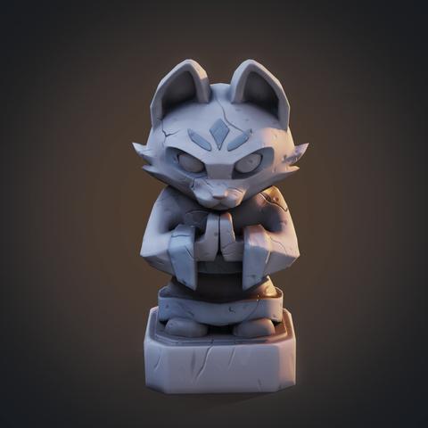 Frontal view of a low-poly statue of a stylized character - a cat wearing a monk's robe, posed with his hands together as if in prayer. The statue is grey and has some cracks on it.