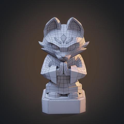 Frontal view of a low-poly statue of a stylized character - a cat wearing a monk's robe, posed with his hands together as if in prayer. In this image there are no textures that give it detail, and the wireframe of the model is visible.