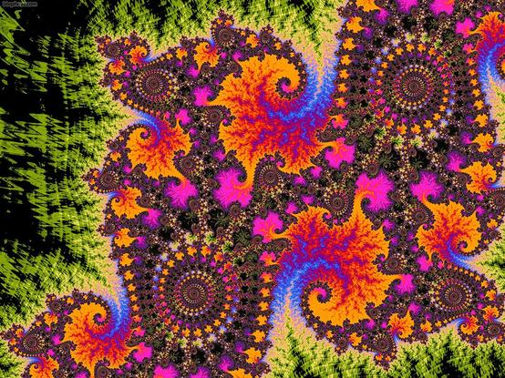 Julia set spirals in muted rainbow tones over noise-evoking green stripes of energy patterning