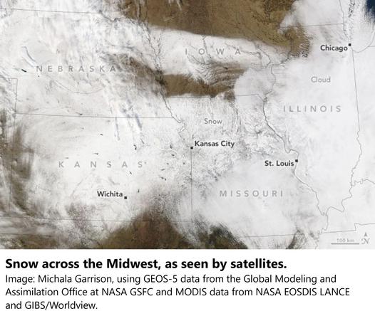 satellite imagery - CONUS USA - Snow across the Midwest, as seen by satellites. Image: Michala Garrison, using GEOS-5 data from the Global Modeling and Assimilation Office at NASA GSFC and MODIS data from NASA EOSDIS LANCE and GIBS/Worldview.
