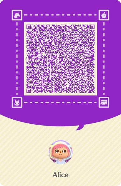 Alice’s Animal Crossing Pocket Camp character QR code.