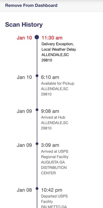 Screenshot of USPS tracking that shows package that was scheduled to be delivered today was delayed for a "local weather event". We got about 5 minutes of sleet at 8am this morning.