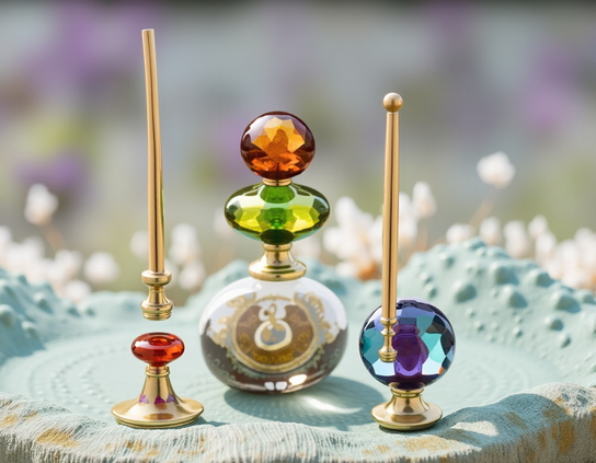 Extreme close up of set of precisely crafted tiny levitation tools, with colorful glass spheres in red, green, and purple, and two gold metallic rods hanging in the air, on a textured teal platform with a blurred background. Macro photography style.