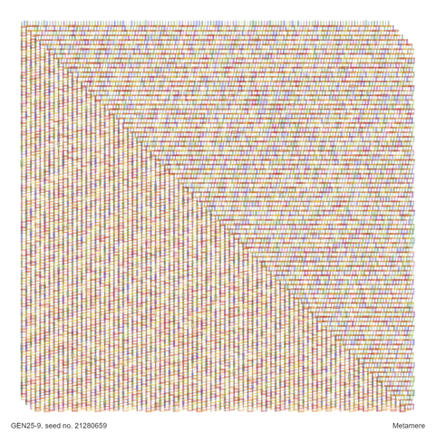 Here it is a bit finer if a grid, with more white space. Due to a quirk of the pattern, a diagonal division occurs, where the bottom left half is more warm colored and the upper right is more cool colored. Just one of those happy little accidents you get with algorithmic art.