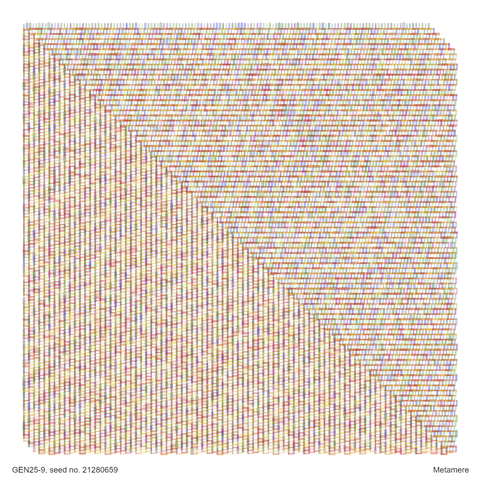 Here it is a bit finer if a grid, with more white space. Due to a quirk of the pattern, a diagonal division occurs, where the bottom left half is more warm colored and the upper right is more cool colored. Just one of those happy little accidents you get with algorithmic art.