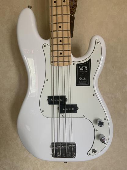 Before pic of my white, Made in Mexico Fender Player Precision Bass, now with white EMG GZR Geezer Butler pickup and Lime Green Pearl pickguard from WD Music.