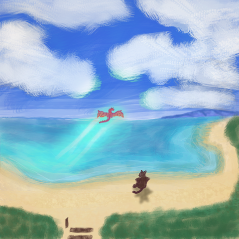 A digital painting of a beach. The coastline snakes along the foreground, there's grass along the edges of the sand. The sky is a vibrant blue and there are fluffy clouds. A landmass peeks in at the right side on the horizon. A fluffy brown critter is sitting on the shore, watching as a red dragon flies towards the horizon. The dragon is leaving an emerald glowing trail in its wake which reflects off the water and clouds.