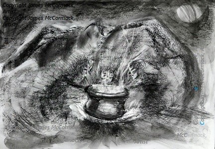 Cauldron. Charcoal on paper.

'Tres Bruxas' / 'Three Witches' 

Macbeth Act 4 Scene 1. 
A cavern. In the middle, a boiling cauldron.
Thunder. Enter the three Witches.