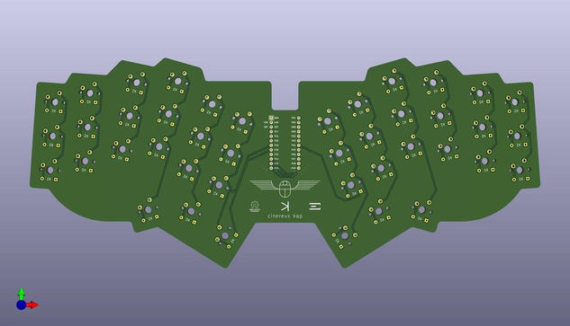 rendering by KiCad of a PCB for an ergo-mechanical keyboard