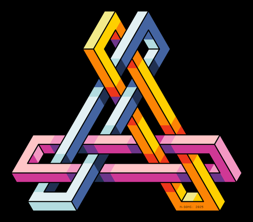 Abstract mathematical art. Pink, blue, yellow interlaced loop.