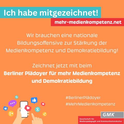 Flyer mit Aufruf zur Mitwirkung am Berliner Plädoyer für Medienkompetenz und Demokratiebildung.
