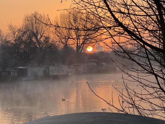 Sun rising over the River Lea misted and frosty.