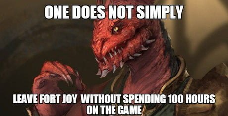 O Príncipe Vermello do xogo Divinity: Original Sin II no meme de Boromir do señor dos aneis cun texto que di "One does not simply leave Fort Joy without spending 100 hours on the game"
