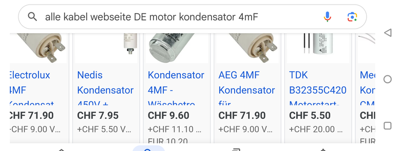 Screenshot aus dem Netz. Abgebildet sind Motorkondensatoren.
Der gleiche/ähnliche Kondensator kostet im Fachhandel ab 5.50 CHF und bei den Herstellern AEG oder Electrolux 71.90.CHF.