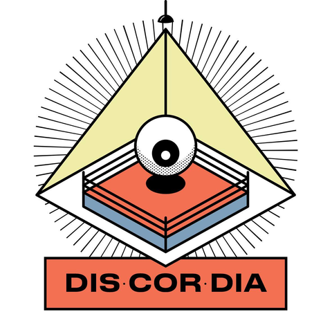 logo discordia, un oeil au centre d'une pyramide contenant un ring de boxe. Ambiance illuminati coloris apaisés jaune pâle orange gris bleu