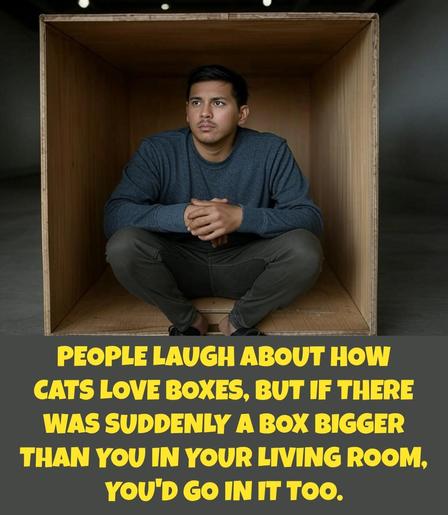AI generated image of a human sitting inside a giant box.