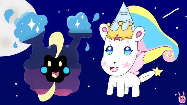 A drawing of Cosmog (a small gaseous orb-like body, similar to nebula, colors range from violet to light-blue, its face is black, has yellow void eyes, blue cheeks, pink mouth and light-yellow tongue, wears light-yellow circlets on top and bottom on its body) and Fuwa (a small white unicorn with round ears, has light-blue horn on her head, wears a golden crown with dark-pink star on it, has blue eyes, pink-round eyebrows, a bit darker pink star-shaped cheeks, red mouth and light-pink tongue, has a yellow star on a tip of her tail), both flying in a night sky, smiling.