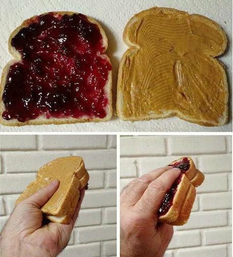 Peanut butter piece of bread and jelly piece of bread on the first panel. Wrongly assembled sandwich, with the pb&j on the outside. on the next two panels. Hand holding the sandwich with thumb on pb (1st panel) and the rest of the fingers on jelly (2nd panel)