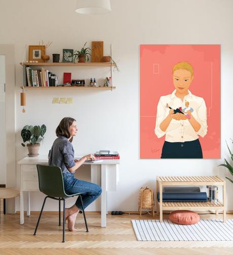 Room with a big printed illustration as decoration.