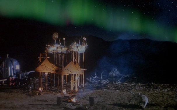Screenshot of the show, a metal sculpture that some characters built, it was about the aurora borealis, and there's the actual aurora borealis in the background. It was a nice artsy TV moment back in the day.