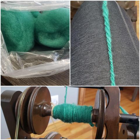 A collage of pics from top left: dark teal roving in a bag, a piece of the newly spun yarn twisted back on itself, and a view of the spinning wheel bobbin filling up with 1-ply yarn.