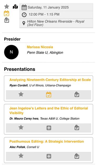 Saturday, 11 January 2025
 12:00 PM - 1:15 PM
Hilton New Orleans Riverside - Royal (3rd Floor)
Presider
Marissa Nicosia
Penn State U, Abington

Presentations
Analyzing Nineteenth-Century Editorship at Scale
Ryan Cordell, U of Illinois, Urbana-Champaign
Jean Ingelow’s Letters and the Ethic of Editorial Visibility
Dr. Maura Carey Ives, Texas A&M U, College Station
Posthumous Editing: A Strategic Intervention
Alec Pollak, Cornell U