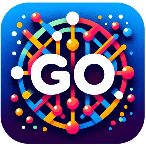 An illustration with the word GO in white in the middle of a square, with a blue background.  Around the word GO are a variety of coloured lines implying a network