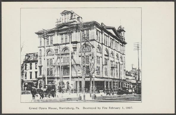 Printed black and white reproduction postcard showing a view of the Grand Opera House at Harrisburg, Pennsylvania, USA, destroyed by fire in 1907.
Publisher not stated, not numbered.
Postally unused.
Excellent condition, with minimal corner bumps.