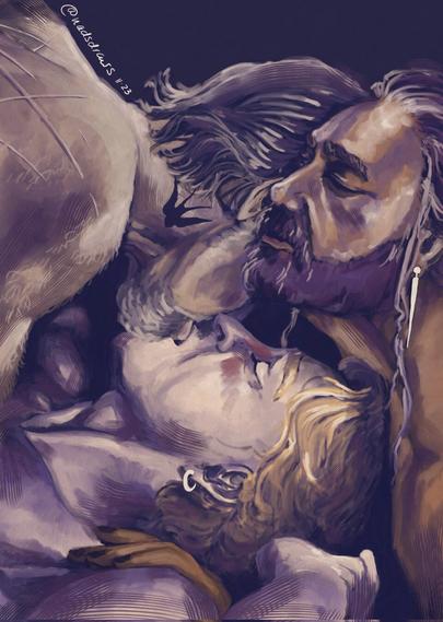 A closeup of ed, izzy and stede: izzy is on top of stede and they are kissing, ed is above stede and either whipering to izzy's ear or about to kiss or bite his ear, his left hand is on stede's shoulder