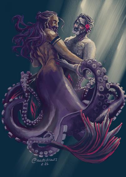 Ed and Izzy as merfolk: Ed as half octopus, Izzy as half Siamese fighting fish. They look at each other with adoration as they float through the ocean
