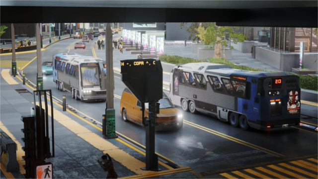 A screenshot from the game CyberPunk 2077. A scene at a city street, a two lane downtown street with busses and cars on each side going in opposite directions. There's yellow markings where the sidewalk meets the road.