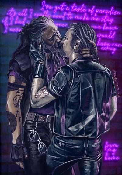 Ed and Izzy kissing: Izzy is pressing Ed onto a brick wall behind him, his leg between Ed's thighs. They're both dressed in leathers that are shining in the purple light.