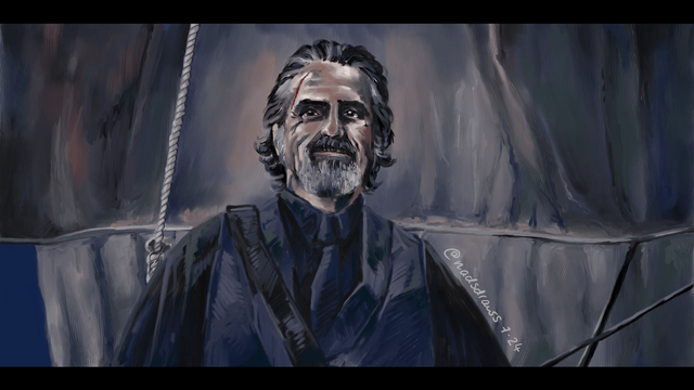 A screen repaint of Izzy Hands reading his unicorn note: he is standing on the front of the ship, smiling. Behind him there's the sail of a ship visible.