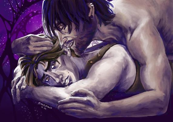Viktor is lying on his stomach dressed only in his back brace with Jayce on top of him, leaning over to his ear. There is a pink anomaly inspired background in the distance.