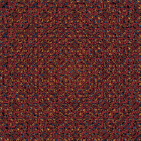 Fractal image with a web of cherry red strands over a web of orange and another of blue. When viewed as an autostereogram (focus the eyes behind the screen), each of the three layers appears at a different depth.