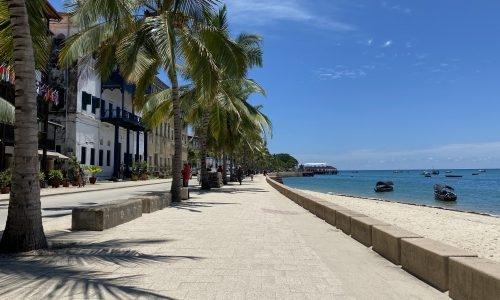 Image of a beach in Zanzibar, from OnSafari.com tall palm trees line the road in front of a row of three-story buildings. The white sand and blue ocean to the right